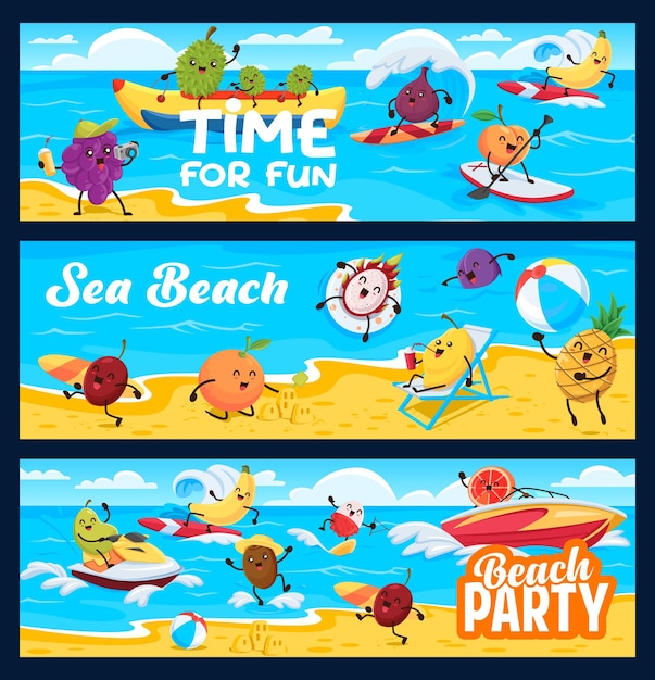 Cartoon fruits on summer beach vacation banners Leisure on seacoast vector concept with durian fig peach and pineapple banana dragon fruit cheerful characters surfing sunbathing on resort beach