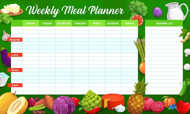 Cartoon fruits and vegetables weekly meal planner