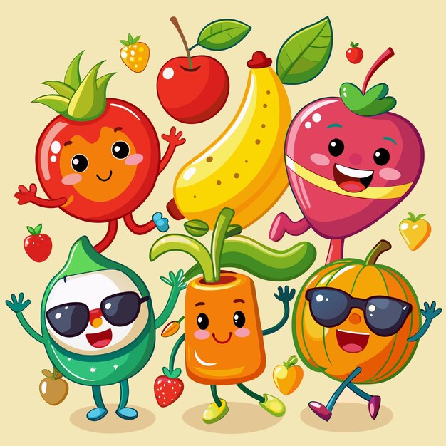 Vector cartoon fruits and vegetables with sunglasses