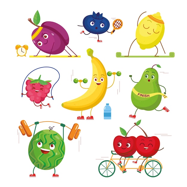 Cartoon fruits with childish smile face doing exercises training and making fitness workout