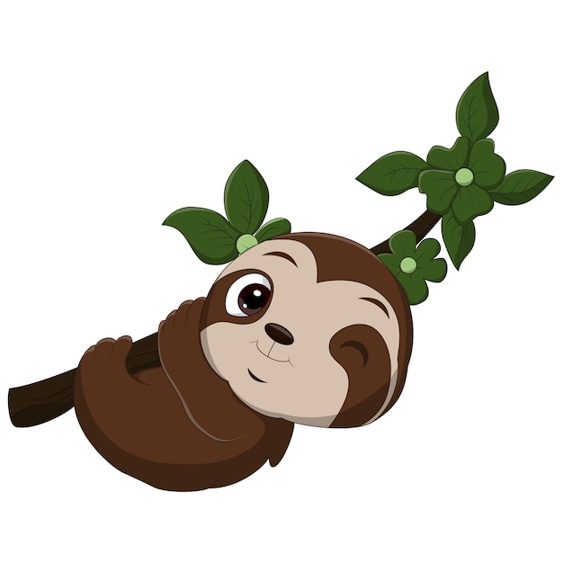 Cartoon funny baby sloth hanging on tree branch