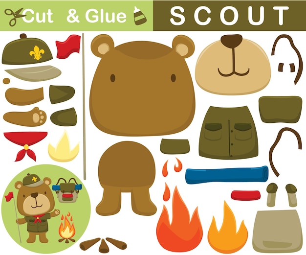 Cartoon of funny bear the boy scout with bonfire and backpack. Education paper game for children. Cutout and gluing