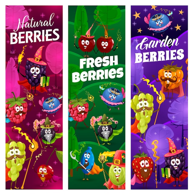 Cartoon funny berry wizard, warlock, witch, fairy, sorcerer and mage characters. Vector strawberry, cherry and cranberry, grape, blackberry, gooseberry and raspberry with magic wand, hats, spellbook