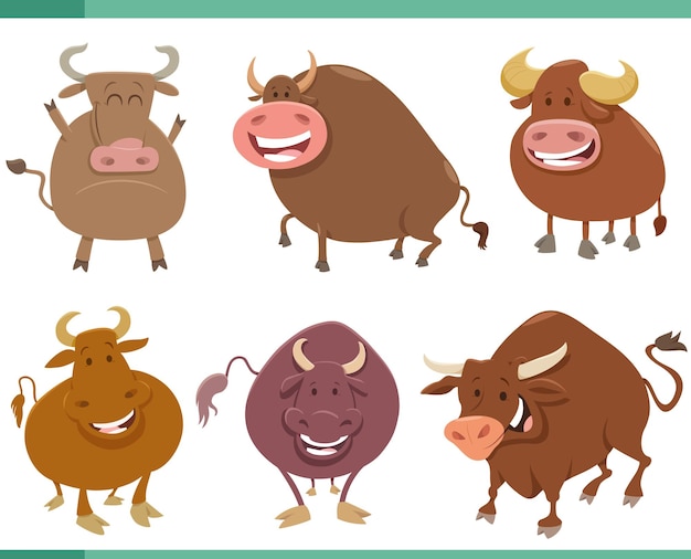 Cartoon funny bulls farm animal characters set