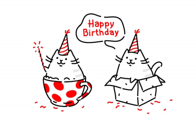 Cartoon funny cats. Kitty wishes happy birthday sitting in a box and in a cup. Vector.