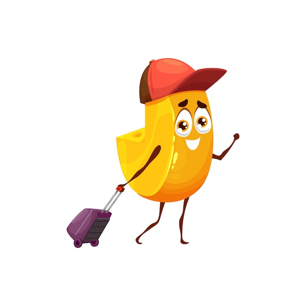 Cartoon funny cheese character with suitcase