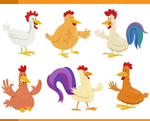 Cartoon funny chickens farm animal characters set