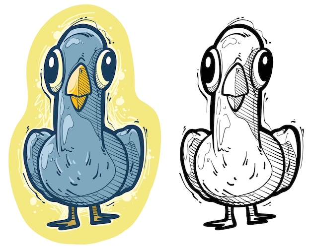 Cartoon funny cute blue pigeon colorful sketch