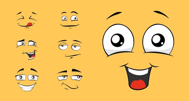 Cartoon funny face set big eyes and laughter emotion collection different expressive cute emoticons