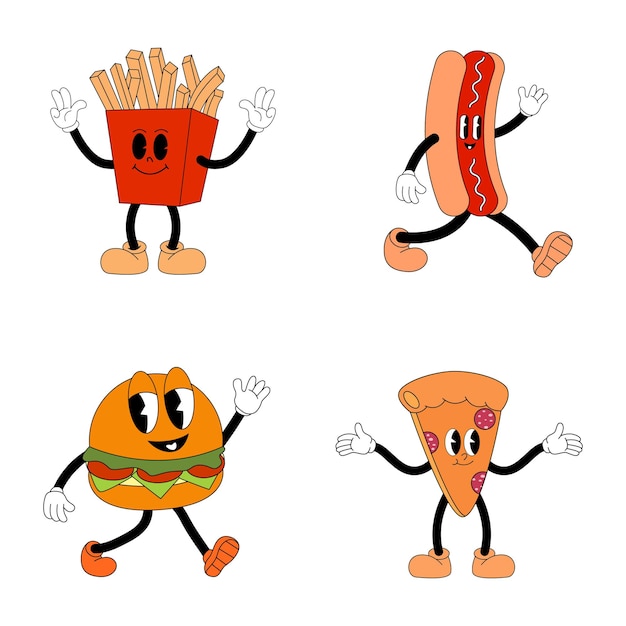 Vector cartoon funny fast food characters mascots set