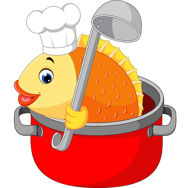 Cartoon funny fish being cooked in a pan