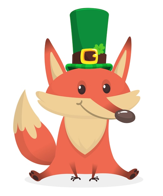 Cartoon funny fox wearing st patrick's hat with a clover