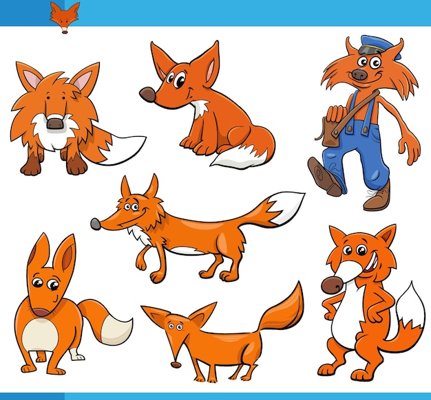 Cartoon funny foxes animal comic characters set