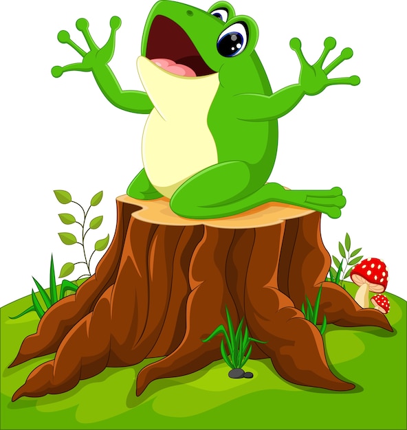 Vector cartoon funny frog sitting on tree stump