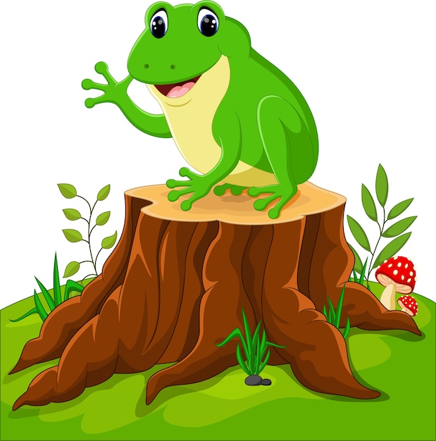 Vector cartoon funny frog sitting on tree stump