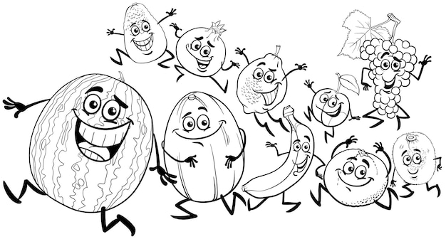 Cartoon funny fruit characters group coloring page