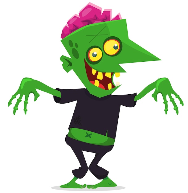 Cartoon funny green zombie with pink brains outside of the head Halloween vector illustration isolated