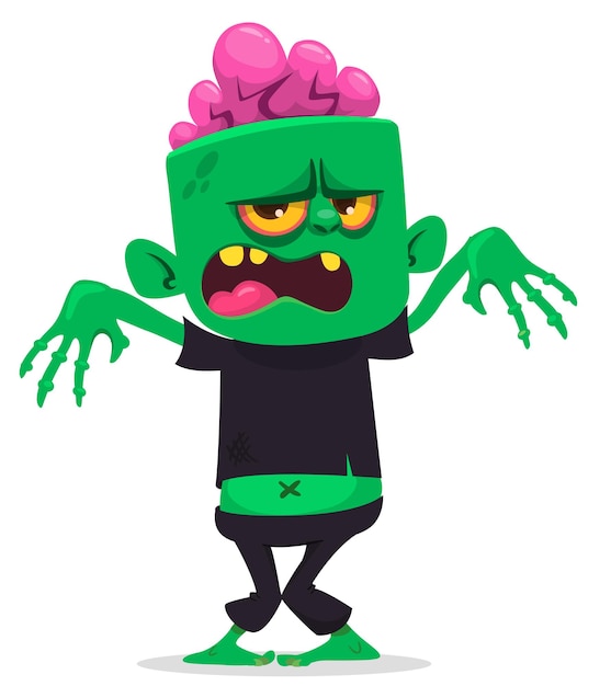 Cartoon funny green zombie with pink brains outside of the head Halloween vector illustration isolated