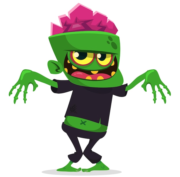 Cartoon funny green zombie with pink brains outside of the head Halloween vector illustration isolated