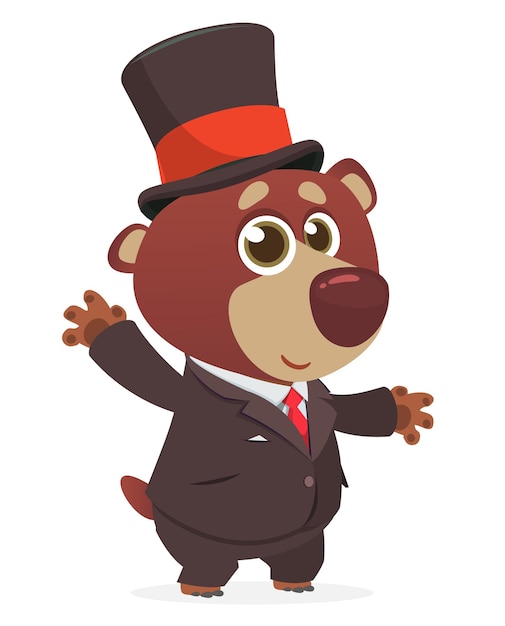 Cartoon funny grizzly bear wearing toxedo or business suit and cylinder hat Vector illustration