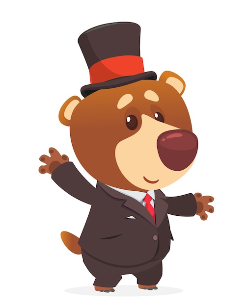 Cartoon funny grizzly bear wearing toxedo or business suit and cylinder hat Vector illustration