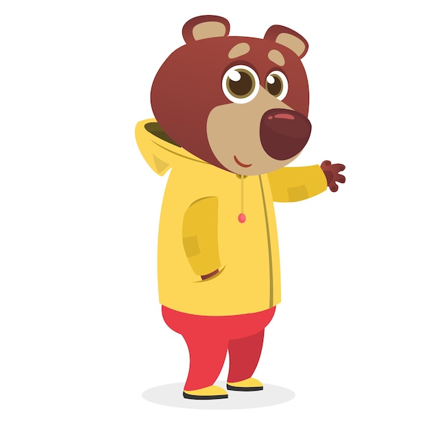 Cartoon funny and happy bear in a yellow rain coat