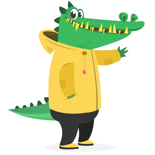 Cartoon funny and happy crocodile in a yellow rain coat Aligator wearing clothing Vector illustration isolated Anthropomorphic