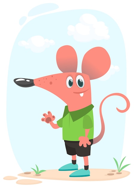 Cartoon funny and happy mouse standing on the summer meadow on the tree stump Vector illustration