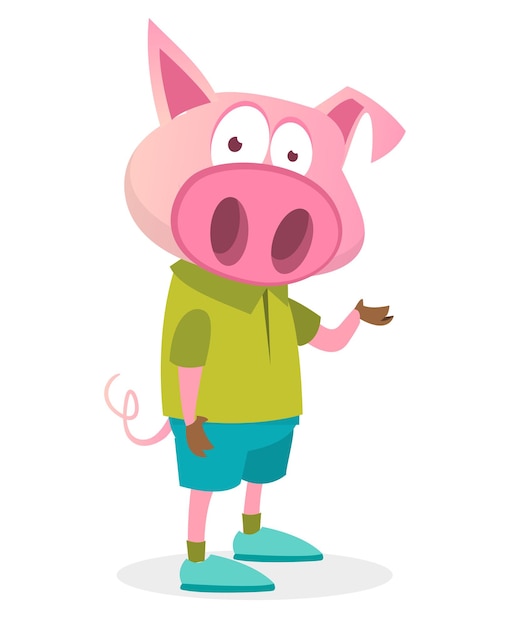 Cartoon funny and happy pig wearing modern fancy style clothes