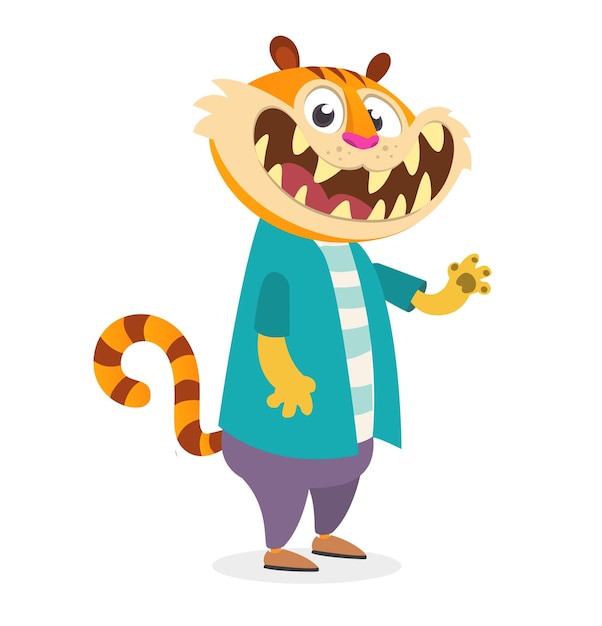 Cartoon funny and happy tiger modern fancy style wearing clothes Vector illustration isolated Anthropomorphic