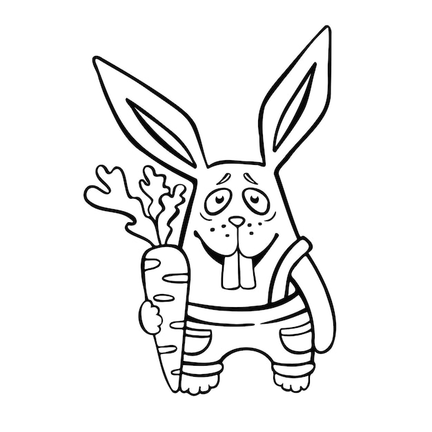 Cartoon funny hare farmer with harvest vector line