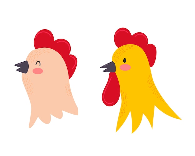 Cartoon funny head of rooster and hen on white background