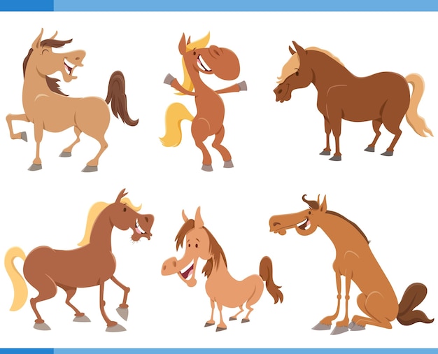 Cartoon funny horses farm animal characters set