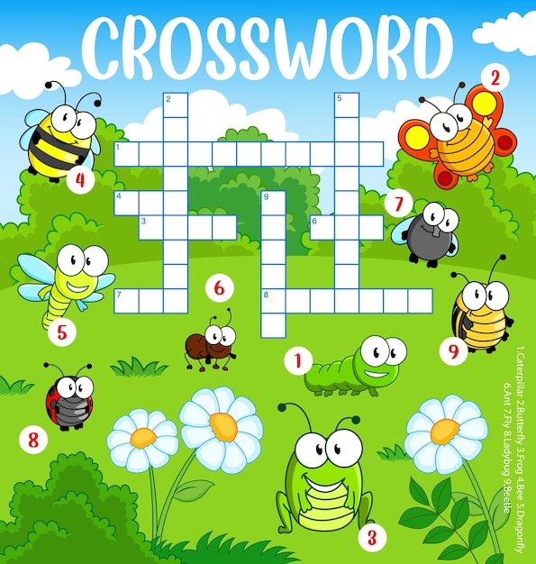 Cartoon funny insects on meadow crossword grid