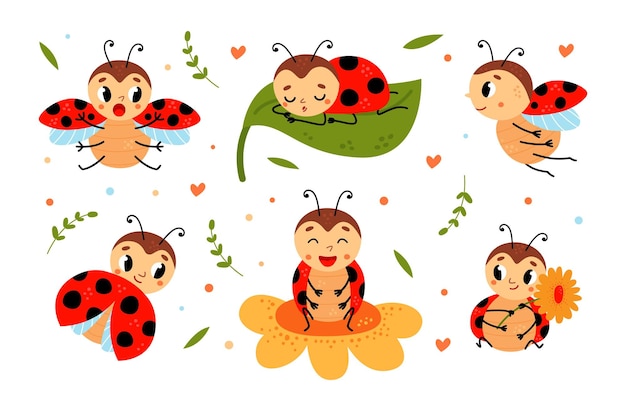 Cartoon funny ladybug Red black dots beetle with wings Cute insects characters on flower and leaf ladybugs flying and sleeping classy childish vector stickers