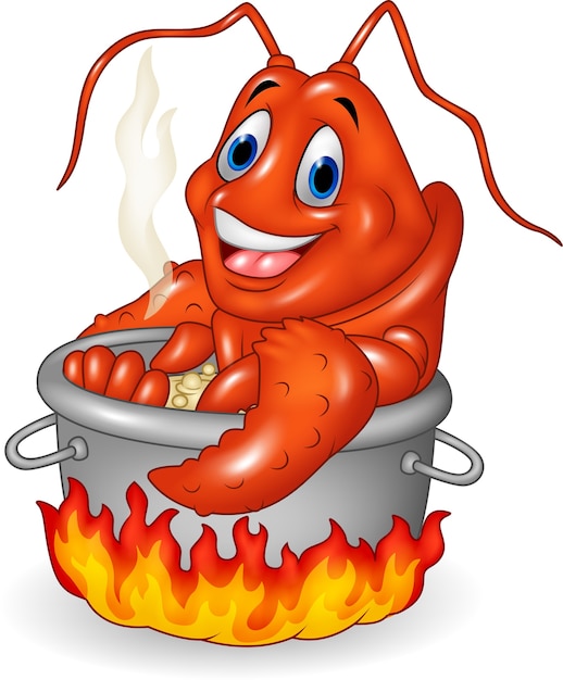 Vector cartoon funny lobster being cooked in a pan