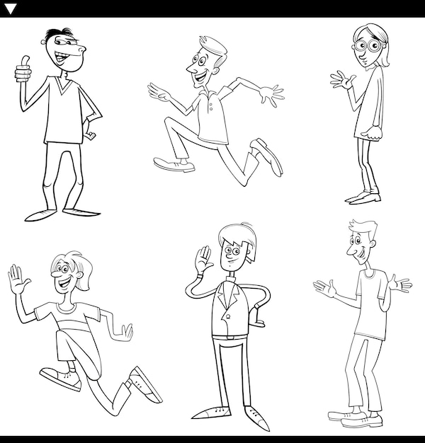 Vector cartoon funny men comic characters set coloring page