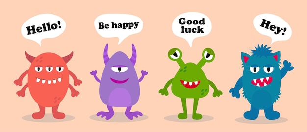 Cartoon funny monsters with text Set of cute monsters for kids design Be happy Good luck