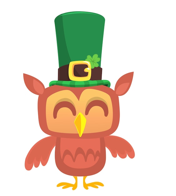 Cartoon funny owl wearing St Patrick's hat with a clover