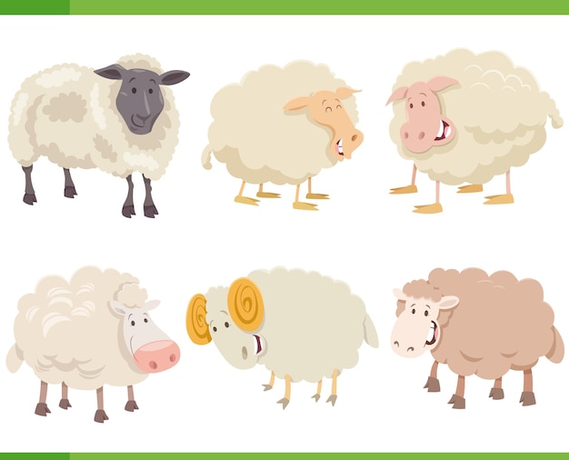 Cartoon funny sheep farm animal characters set