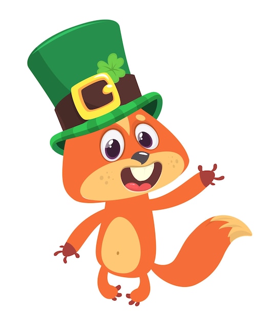 Cartoon funny squirrel wearing green St Patrick's hat with a clover on it Vector illustration for Saint Patrick's Day Party poster design