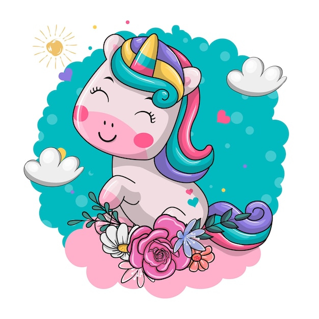 Cartoon funny unicorn on cloud.