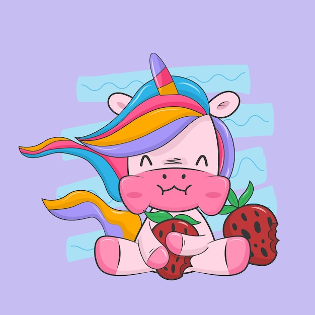 Cartoon funny unicorn eat strawberry