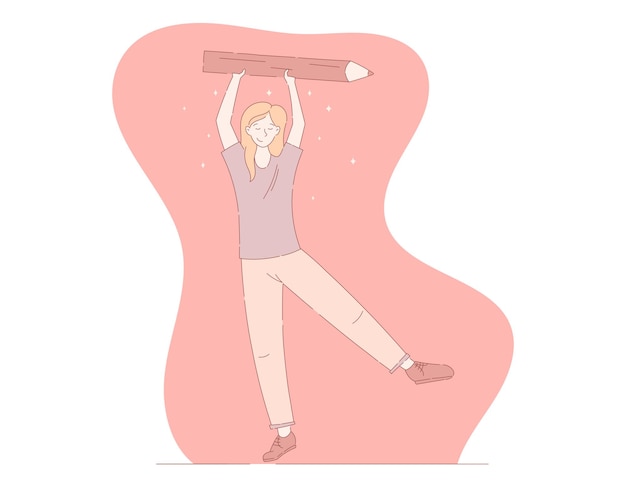 Cartoon funny Woman Student holding a Huge Pencil Vector Flat illustration of a Standing girl