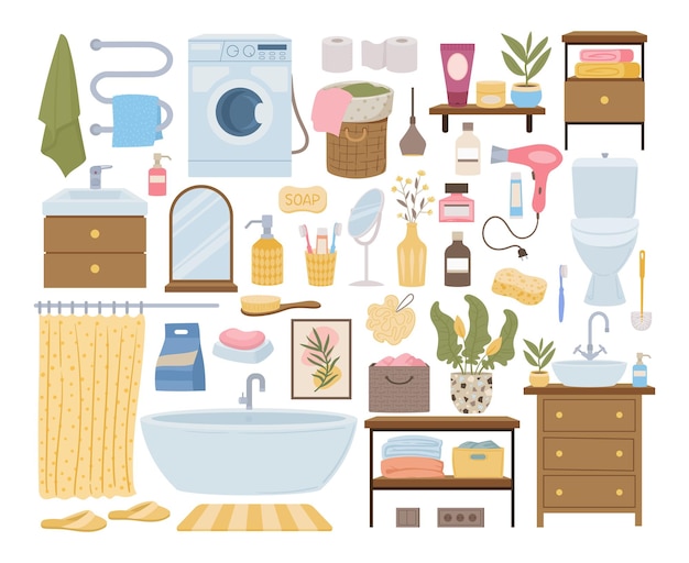 Cartoon furniture bathtub toilet mirror towels shower and plants vector illustrations set