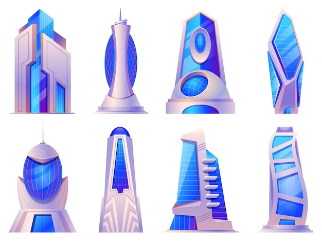 Cartoon futuristic city buildings and skyscrapers glass construction. Alien or future tower build, urban cyberpunk architecture vector set