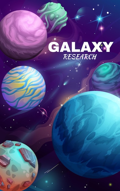 Cartoon galaxy space planets poster vector card