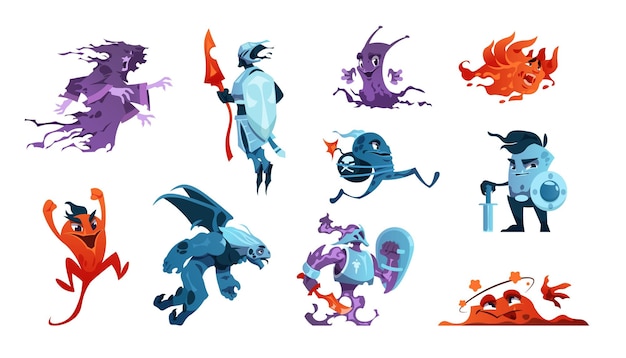 Cartoon game monsters Alien creatures and mascot characters Boss of enemies and beasts Gaming design elements set Fairy knights or creepy ghosts with evil faces Vector scary mutants