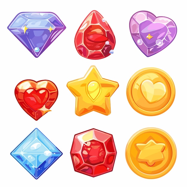 Vector cartoon game ui set with gems coins and stars for mobile or web games