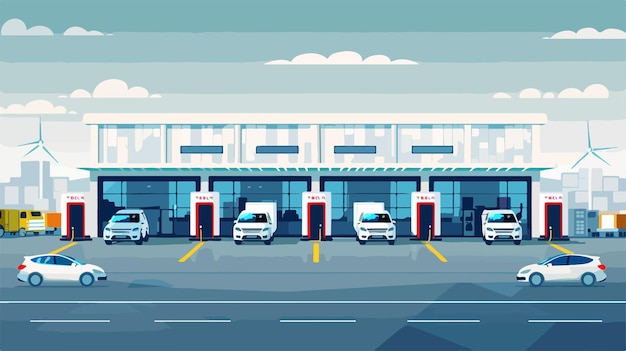 Vector a cartoon of a gas station with trucks parked in front of it